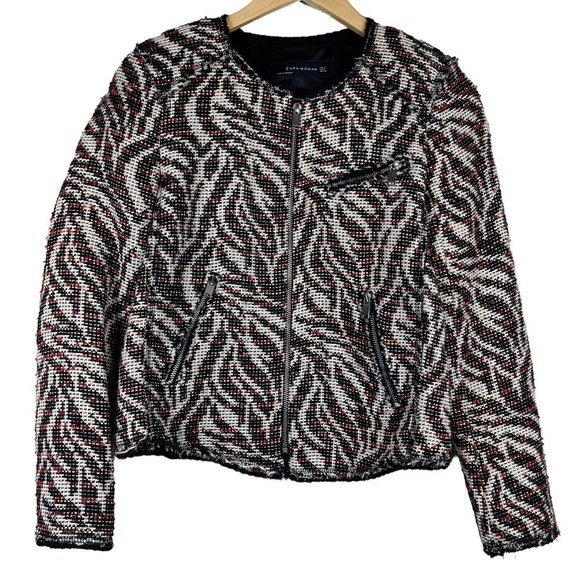 Zara Tweed‎ Blazer Metallic Wool Zebra Print Raw Hem Red Medium - Picture 3 of 13